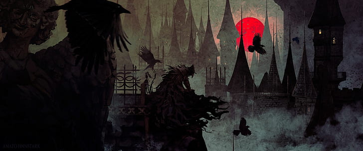fantasy art, Bloodborne, Blood moon, crow, hunter, artwork
