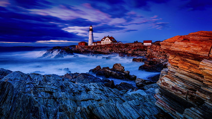 lighthouse, sky, evening, shore, rocks, coast, ocean, HD wallpaper