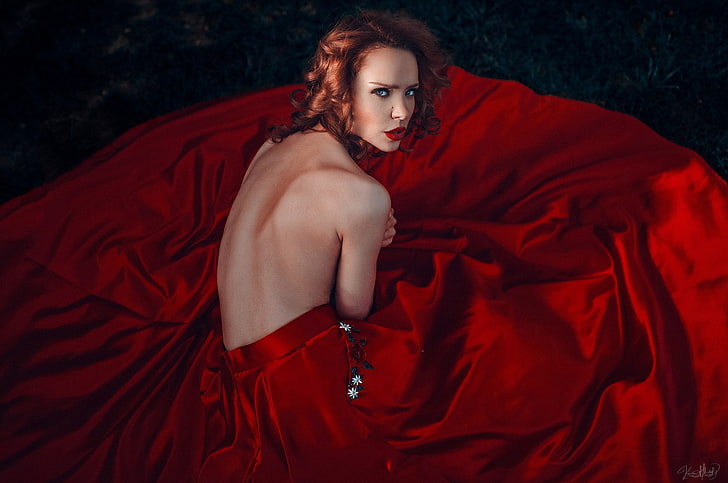 Kaan Altindal, women, red, back, red lipstick, redhead, beauty, HD wallpaper