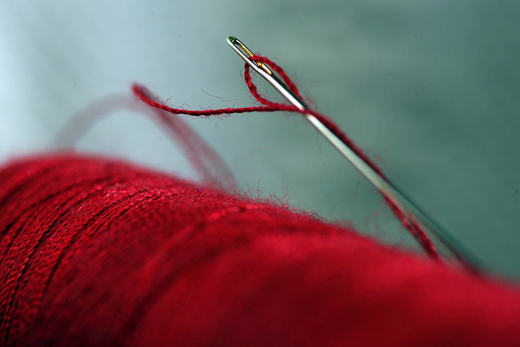 macro, abstract, Needle, strings, red, textile, close-up, selective focus, HD wallpaper