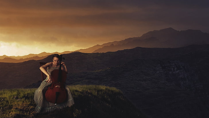 women, landscape, cello, mountain, one person, sky, beauty in nature
