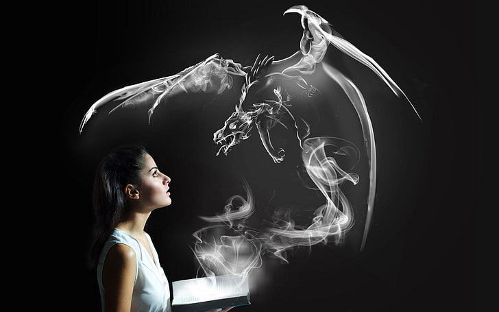 fantasy art, women, smoke, dragon, black background, one person