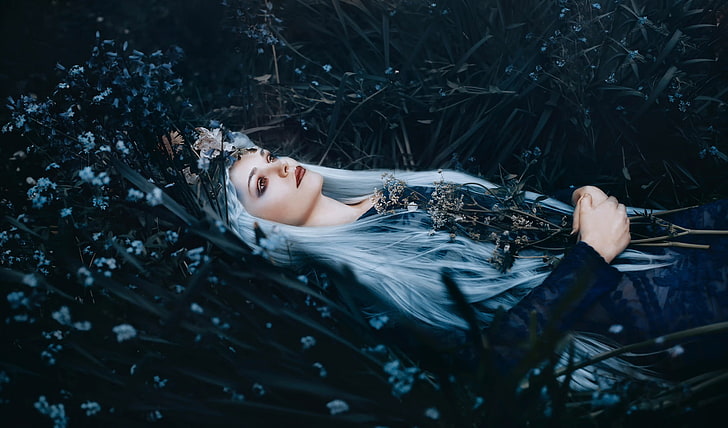 women outdoors, Gothic, white hair, lying down, plants, dark