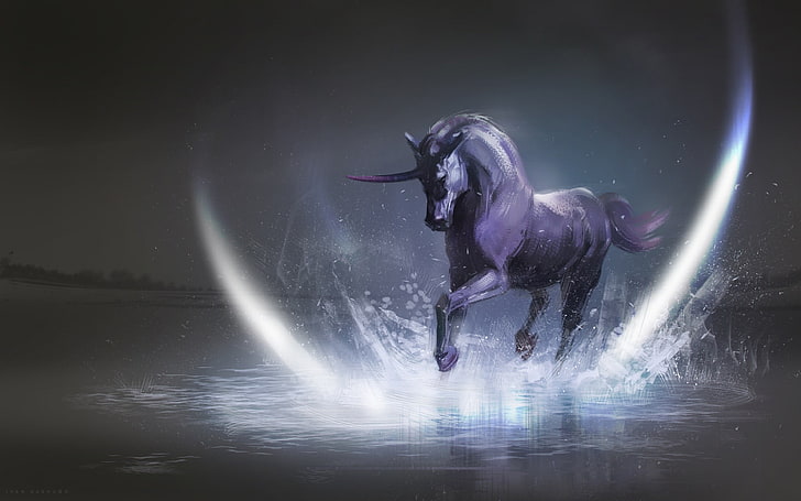 gray unicorn digital wallpaper, artwork, fantasy art, unicorns, HD wallpaper