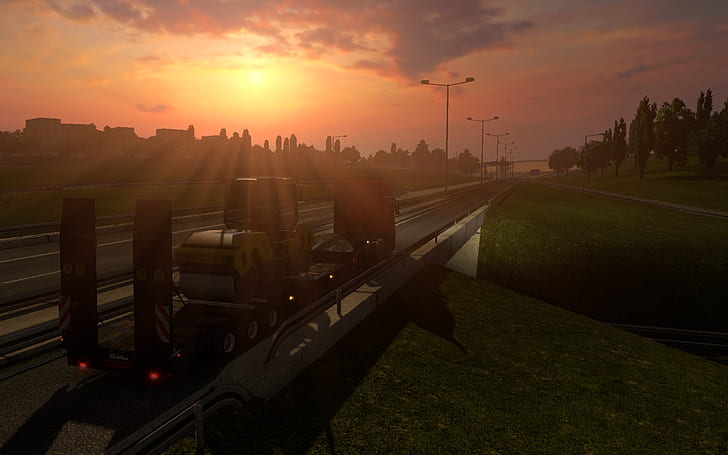 video games, Euro Truck Simulator 2, sunset, highway, trucks