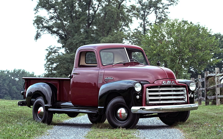 classic red and black GMC single cab pickup truck, 1949 gmc, 1950
