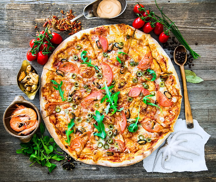 food, pizza, tomatoes, Black pepper (Spice), olives, shrimp