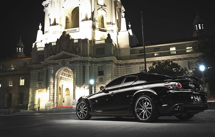 black coupe, Auto, Night, Machine, The building, Mazda, RX 8, HD wallpaper