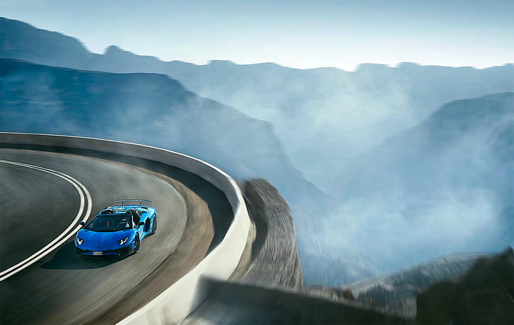 Roadster, Lamborghini, Blue, Landscape, Aventador, Supercar