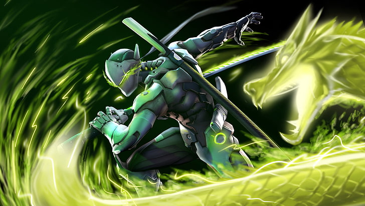 Genji Overwatch, Video Game, Genji (Overwatch), green Color, illustration, HD wallpaper