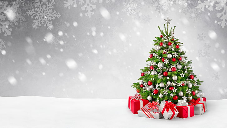 5k, New Year, gifts, Christmas, snow, fir-tree, celebration, HD wallpaper