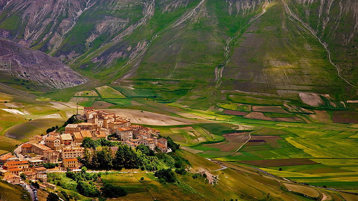 Castelluccio, Italy, village, houses, fields, mountains, slope, green mountain and beige buildings photography