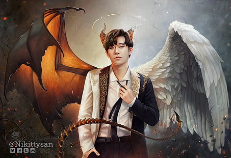 HD wallpaper: Angel or demon?, wings, luminos, man, fantasy, feather,  negshin | Wallpaper Flare