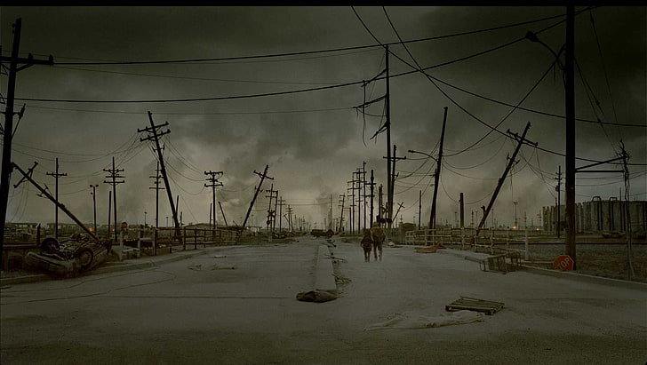 black electric pole lot, city, building, apocalyptic, wasteland