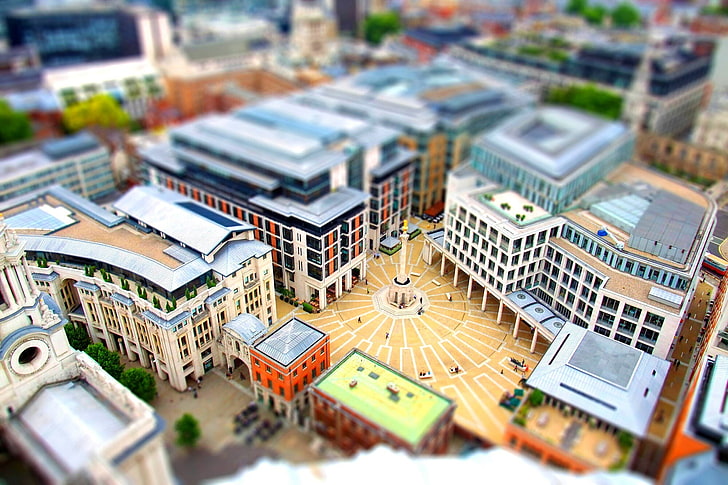 tilt-shift photography of buildings, aerial view of cityscape