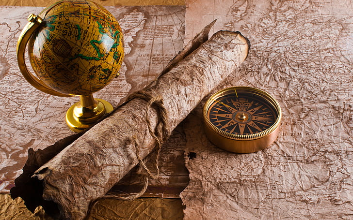 Maps and Compass, beige, green, and black desk globe; brown,gold and black compass, brown map