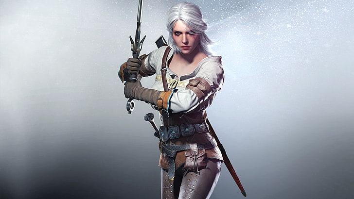 white-haired fictional character woman with sword digital wallpaper