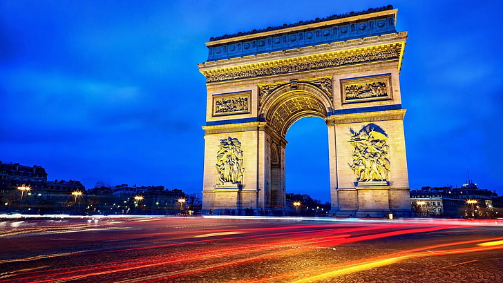 Arc de Triumph, lights, road, architecture, long exposure, cityscape, HD wallpaper