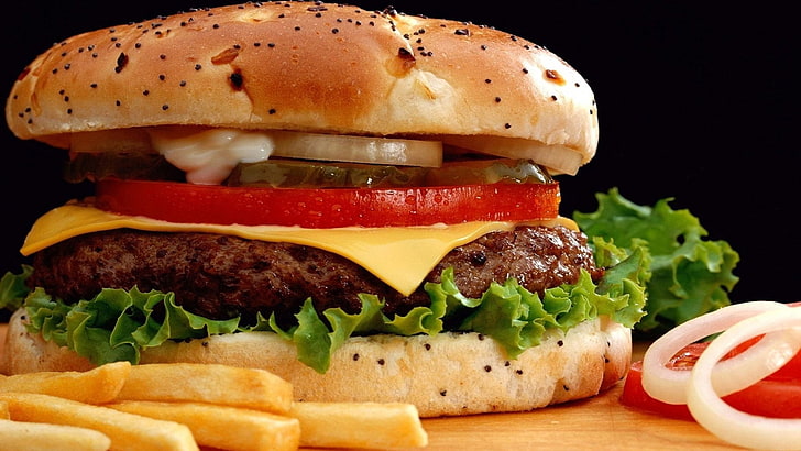 hamburger with frise, rolls, onions, poppy, stuffing, food, beef, HD wallpaper