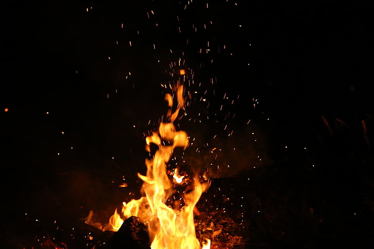 fire, burning, night, bonfires, sparks, flame, fire - natural phenomenon, HD wallpaper