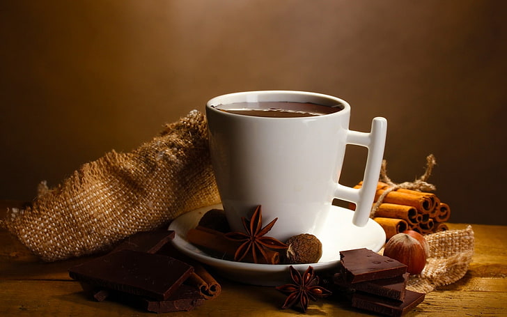 white ceramic mug, hot chocolate, cloves, drink, cinnamon, anise