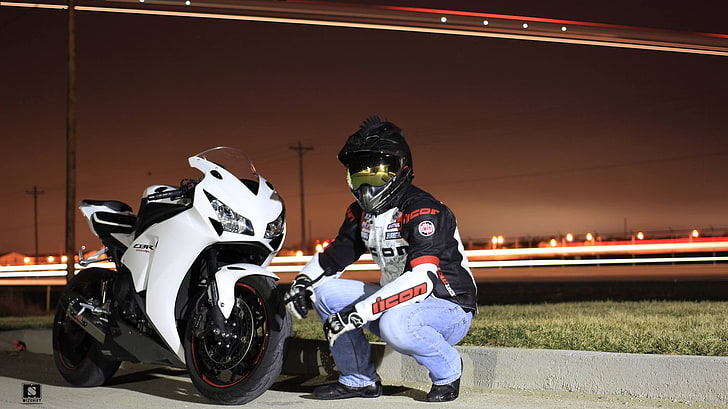white sports motorcycle, Honda, mizshift, Honda cbr 1000 rr, headwear, HD wallpaper