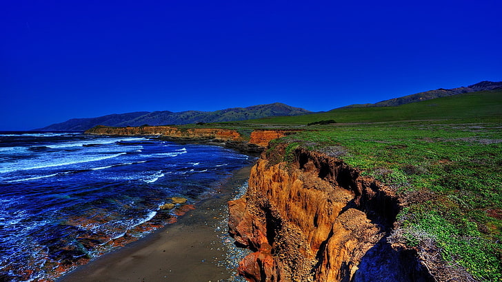 beach, cliff, coast, nature, landscape, clear sky, waves, sea, HD wallpaper