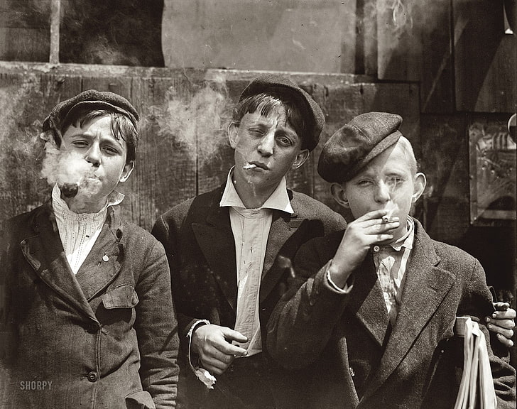 grayscale photo of three boy smoking, vintage, guys, monochrome