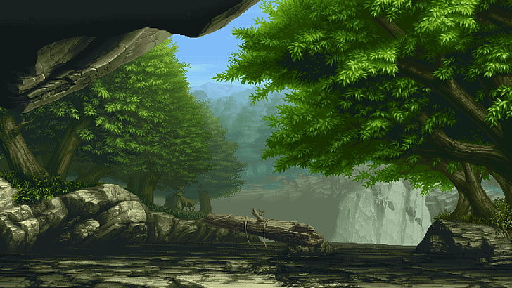 3D art of forest, pixel art, pixelated, trees, nature, plant, HD wallpaper