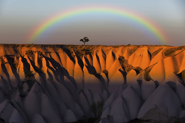the sky, mountains, tree, rocks, rainbow, Turkey, Cappadocia, HD wallpaper