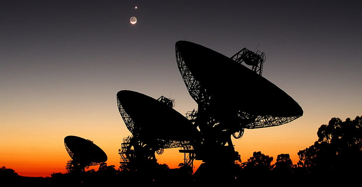 three satellite antennas, search, The moon, Venus, radio telescope, HD wallpaper