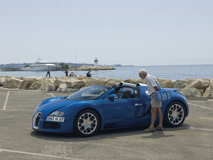 blue coupe, Bugatti Veyron, car, blue cars, transportation, mode of transportation, HD wallpaper