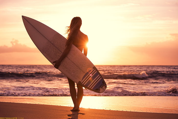 girl, sun, beach, Surfing, sea