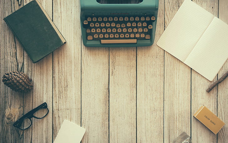 wood, notebook, vintage, whitespace, old glasses, classic, typewriter, workspace, notepad, color sudes, vintage, HD wallpaper