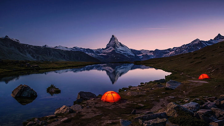 water, mountain lake, switzerland, peak, adventure, tent, zermatt, HD wallpaper