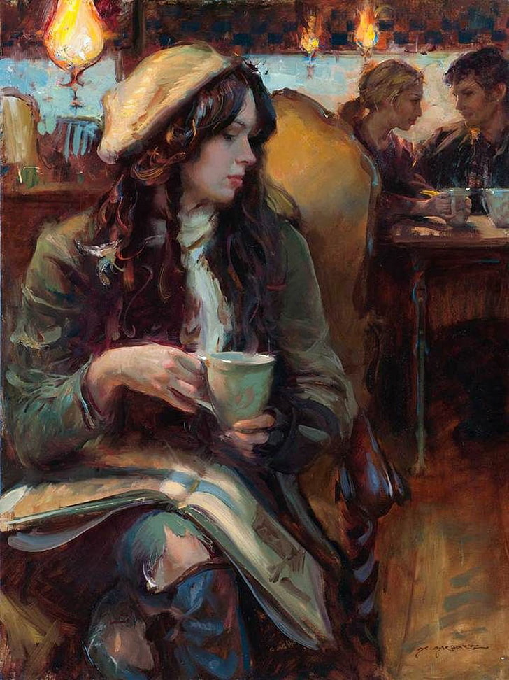art, coffee, fine, girl, oil, painting