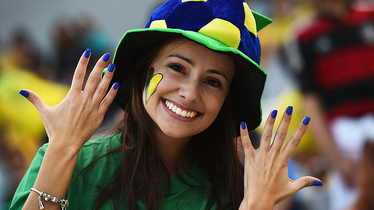 FIFA World Cup, women, smiling, painted nails, brunette, black eyes