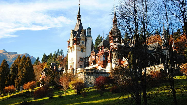 Wondrous Peles Castle In Romania, white and brown castle wall painting