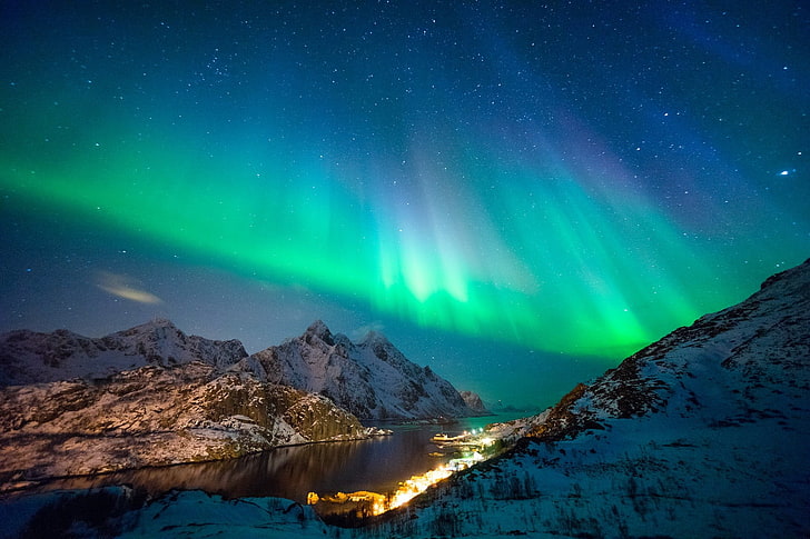magnetic sky phenomenon, nature, mountains, snow, stars, aurorae