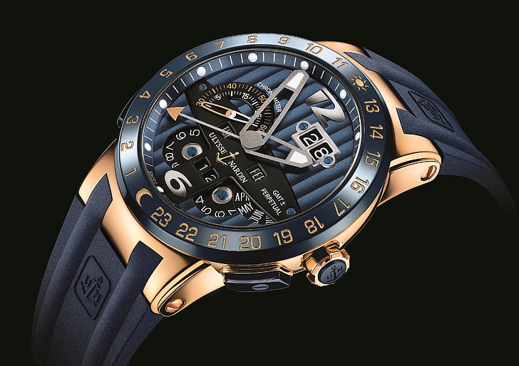 round black chronograph watch with black strap, Blue, Ulysse, HD wallpaper