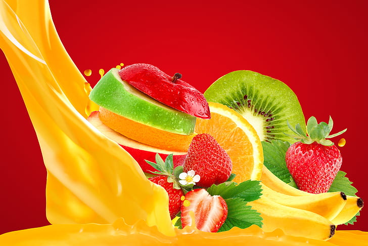 Colorful, Fruits, Orange, Bananas, Apples, 5K, 4K, Strawberries