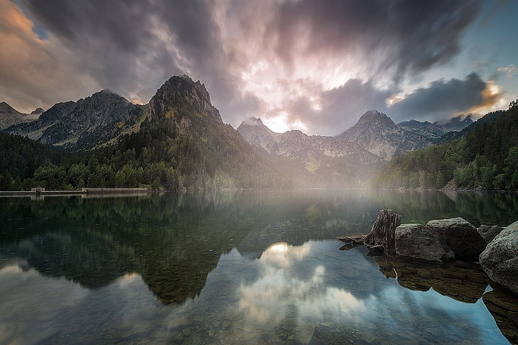 nature, landscape, lake, mountains, reflection, mist, forest, HD wallpaper