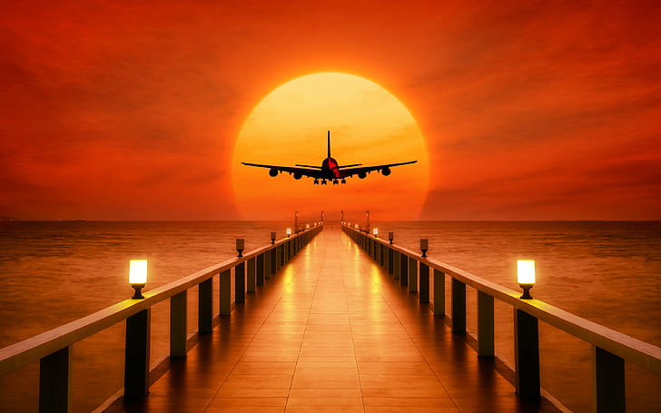 sunset, 4k, 8k, HD, takeoff, airplane, HD wallpaper