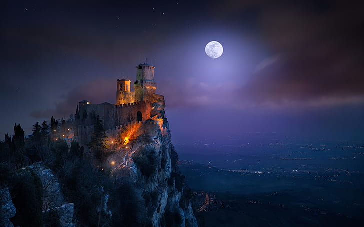 San Marino, fortress, tower, night, light, moon, HD wallpaper