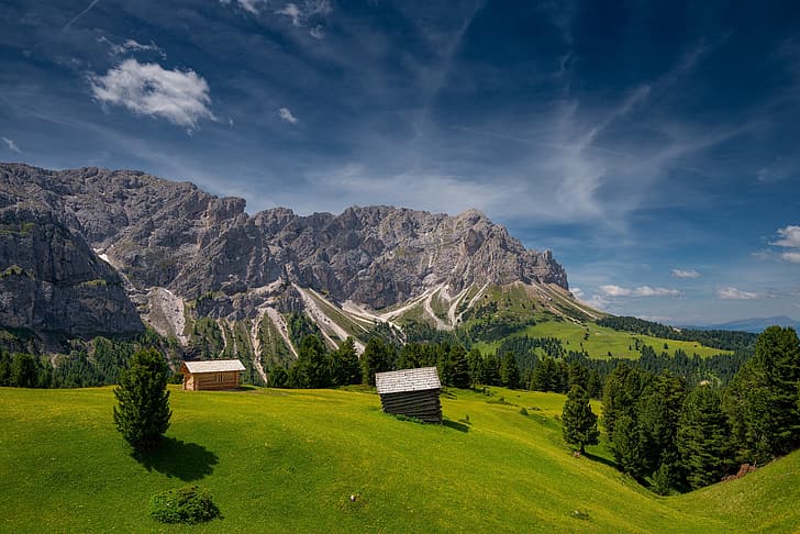 trees, mountains, valley, Italy, houses, The Dolomites, South Tyrol
