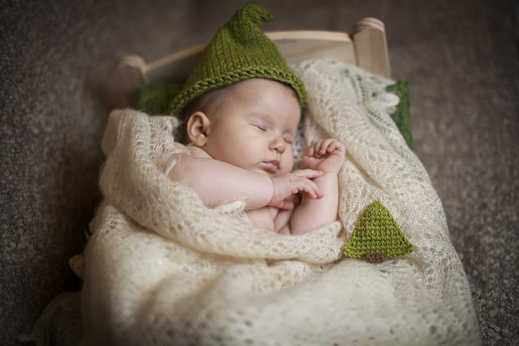 baby's green knitted beanie cap, children, hat, sleep, sleeping