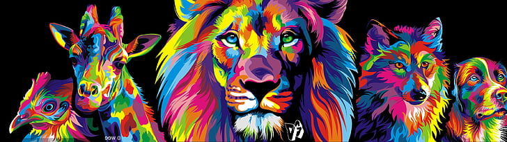 Hd Wallpaper Multiple Display Colorful Lion Wolf Dog
