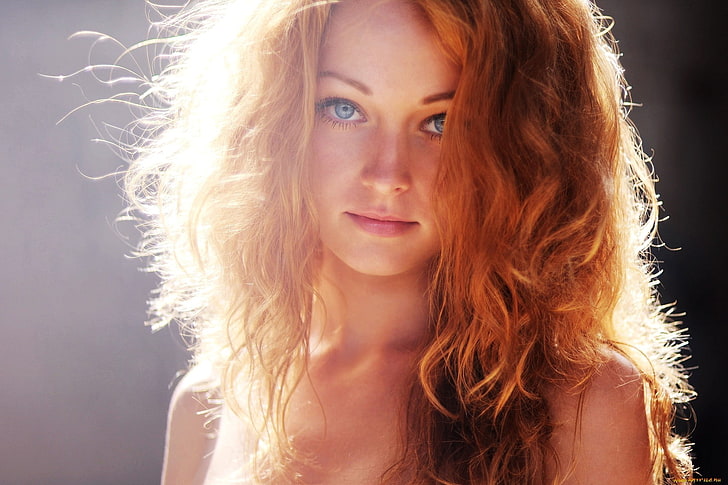 woman's blonde hair, redhead, women, face, blue eyes, wavy hair