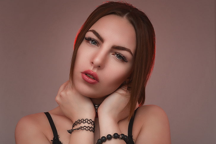 women, face, portrait, simple background, pink lipstick, bare shoulders, HD wallpaper