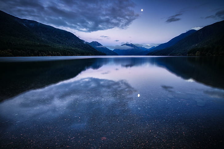 Mountain Lake Water Surface Night Blue Lilac Sky Clouds Moon Reflection Iphone, HD wallpaper